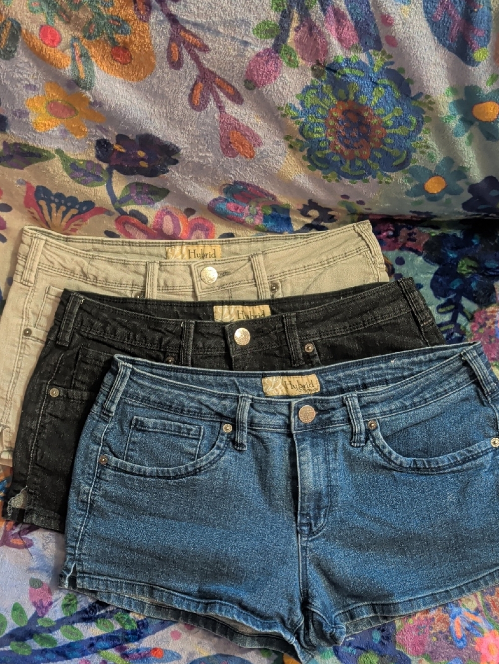 Hybrid Brand Denim Shorts Trio - Blue, Black, Gray, Size 13, 2 in Inseam